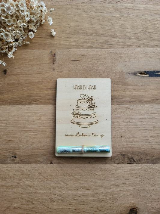 Geldgeschenkkarte Hochzeit - Torte - Hand in Hand